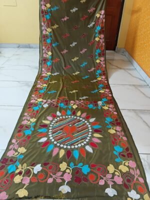 Olive Green Kantha Stitch Saree on Blended Bangalore Silk – Fish & Floral Motif