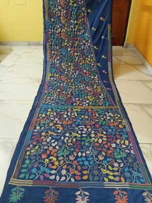 Royal Blue Kantha Stitch Saree on Blended Bangalore Silk – Bird & Floral motif