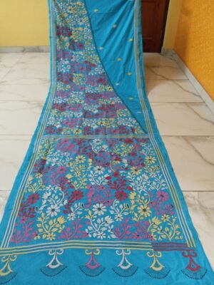 Sky Blue Kantha Stitch Saree on Blended Bangalore Silk – Floral Motif