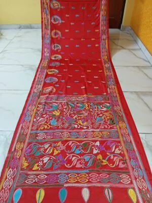 Red Hand-embroidered Blended Bangalore Silk, Bengal Kantha Stitch Saree – Bird and Floral Motif