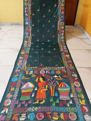 Bottle-Green Hand-embroidered Blended Bangalore Silk, Bengal Kantha Stitch Saree – Village motif
