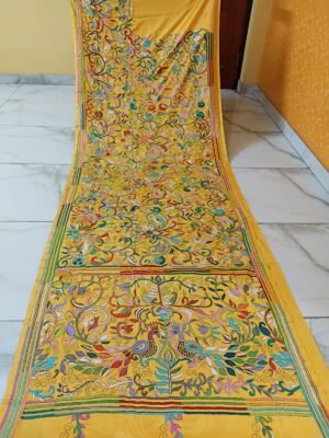 Yellow Kantha Stitch Saree on Blended Bangalore Silk – Peacock and Floral motif
