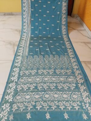 Seagreen Kantha Stitch Saree on Blended Bangalore Silk – Floral motif