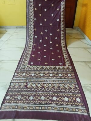 Brown Kantha Stitch Saree on Blended Bangalore Silk – Floral motif