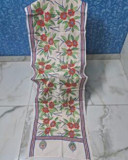 Off-white hand-embroidered semi-tussar silk multicolored kantha stitch scarf or stole