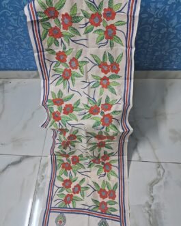 Off-white hand-embroidered semi-tussar silk multicolored kantha stitch scarf or stole