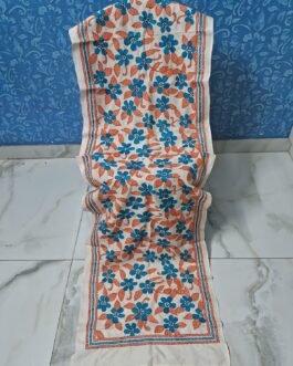 Off-white hand-embroidered semi-tussar silk multicolored kantha stitch scarf or stole