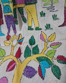 Off-white hand-embroidered semi-tussar silk multicolored kantha stitch scarf or stole
