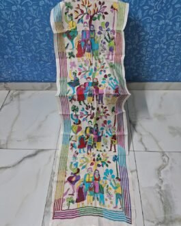 Off-white hand-embroidered semi-tussar silk multicolored kantha stitch scarf or stole