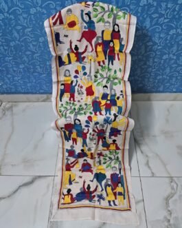 Off-white hand-embroidered semi-tussar silk multicolored kantha stitch scarf or stole