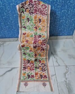 Off-white hand-embroidered semi-tussar silk multicolored kantha stitch scarf or stole