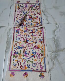 Off-white hand-embroidered semi-tussar silk multicolored kantha stitch scarf or stole