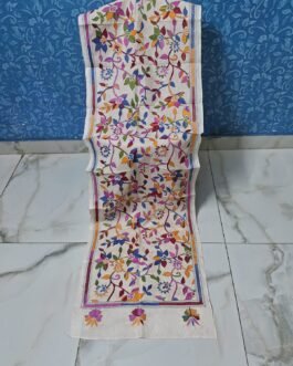 Off-white hand-embroidered semi-tussar silk multicolored kantha stitch scarf or stole