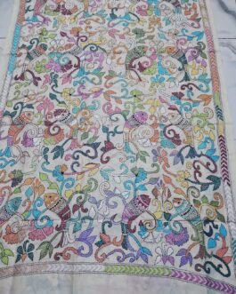 Off-white hand-embroidered semi-tussar silk multicolored kantha stitch dupatta or scarf