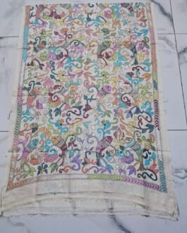 Off-white hand-embroidered semi-tussar silk multicolored kantha stitch dupatta or scarf