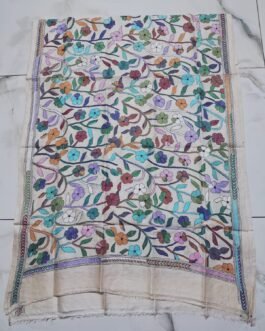 Off-white hand-embroidered premium tussar silk multicolored kantha stitch dupatta or scarf