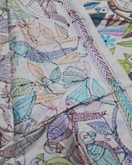 Off-white hand-embroidered premium tussar silk multicolored kantha stitch dupatta or scarf
