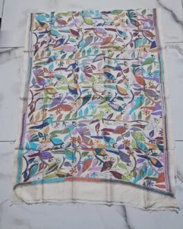 Off-white hand-embroidered premium tussar silk multicolored kantha stitch dupatta or scarf