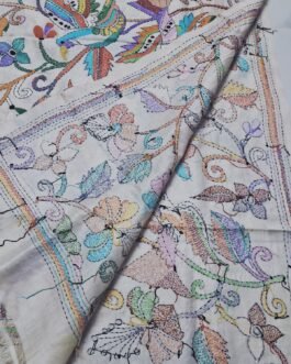 Off-white hand-embroidered premium tussar silk multicolored kantha stitch dupatta or scarf