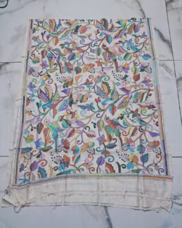 Off-white hand-embroidered premium tussar silk multicolored kantha stitch dupatta or scarf
